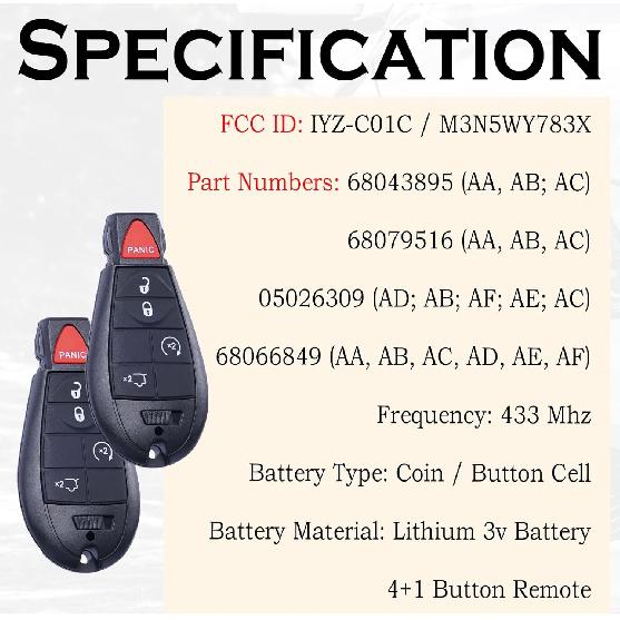 Remote Key Fob FOBIK Replacement Fits for Jeep Grand Cherokee 2008 2009 2010 2011 2012 2013 Commander 2008-2010 IYZ-C01C Keyless Entry Remote Start