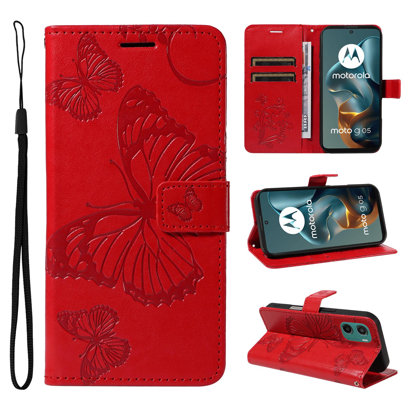 

Для Motorola Moto G05 4G Чехол-кошелек Кожаный чехол для телефона с цветочным и бабочковым принтом Подставка Red