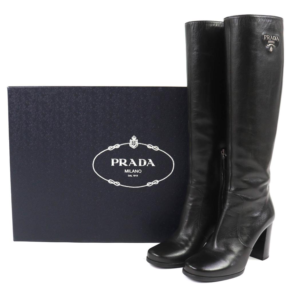 Great PRADA Knee-high boots Logo Metal Side Zip Leather black leather Women Used