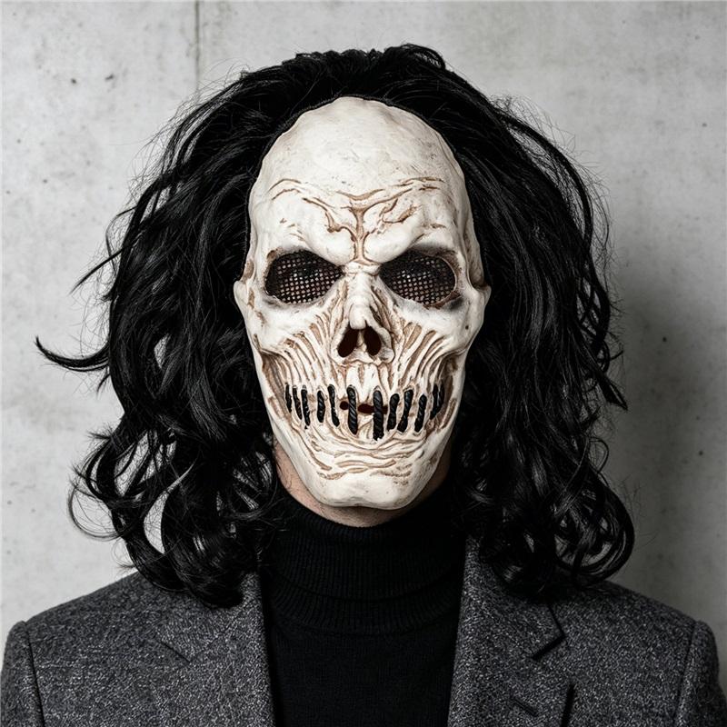 Black Long-Haired Skull Mask, Perfect for Holiday Parties, Halloween Pranks, Masquerade Balls, and Carnival Parties, Made of Latex
