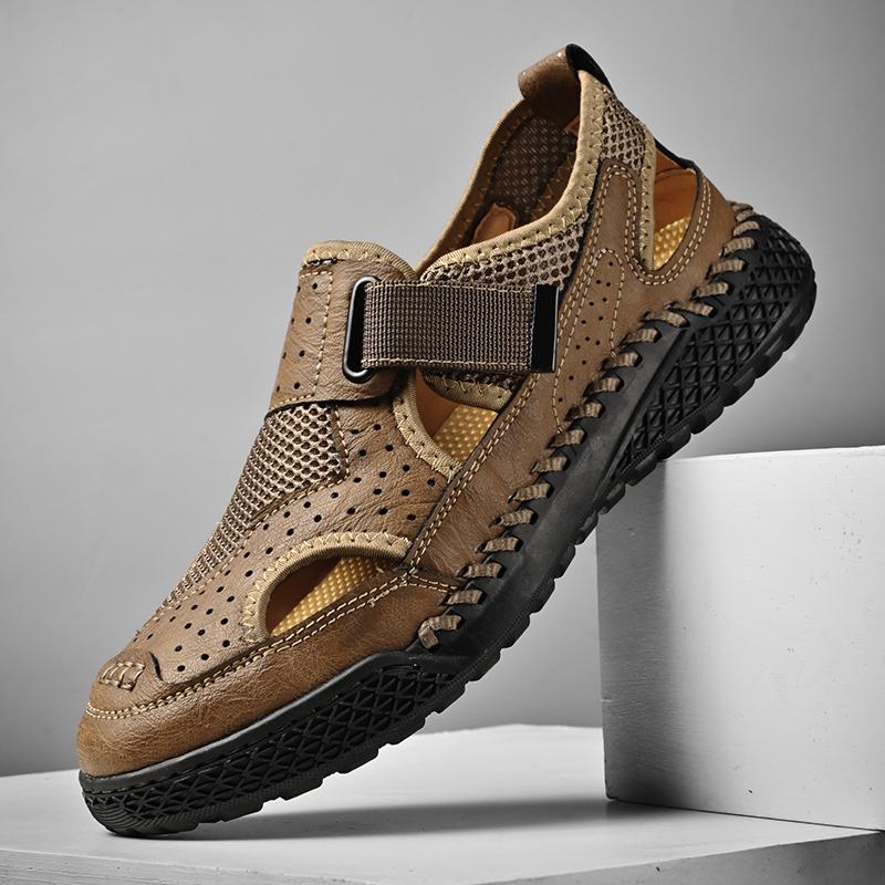 2024 Summer Men's Soft Leather Big Size Sandals Breathable Non-slip Cow Tendon Sole Casual Leather Shoes Outdoor Beach Shoes