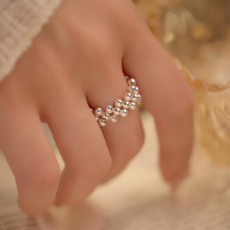 Banyan Tree S925 Silver Handmade Korean Style Elastic Plain Bead Ring for Women
