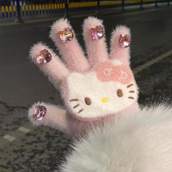 Dziewczęce kreskówkowe rękawiczki z kotkiem, urocze pluszowe rękawiczki z kotem, puszyste ciepłe rękawiczki z cyrkoniami w kształcie głowy kota dla kobiet na zimę, do codziennych sprawunków