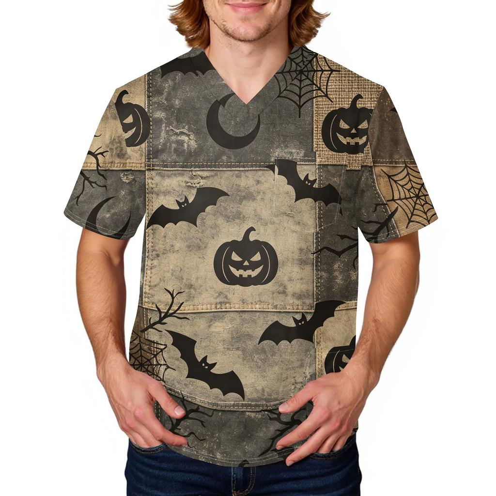 Herren Halloween Print Medizinische Kasack-Oberteil V-Ausschnitt mit Bindeband Taschen Bequeme Passform Tägliche Arbeitskleidung für medizinisches Fachpersonal