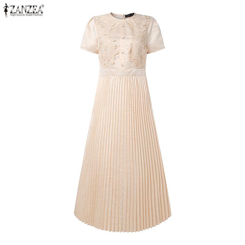 ZANZEA Women Casual Round Neck Short Sleeve Lace Crochet Patchwork Dress