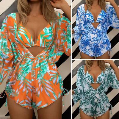 Uzun Kollu Üç Parça File Bel Büzgülü Baskılı Yırtmaçlı Bikini Mayo