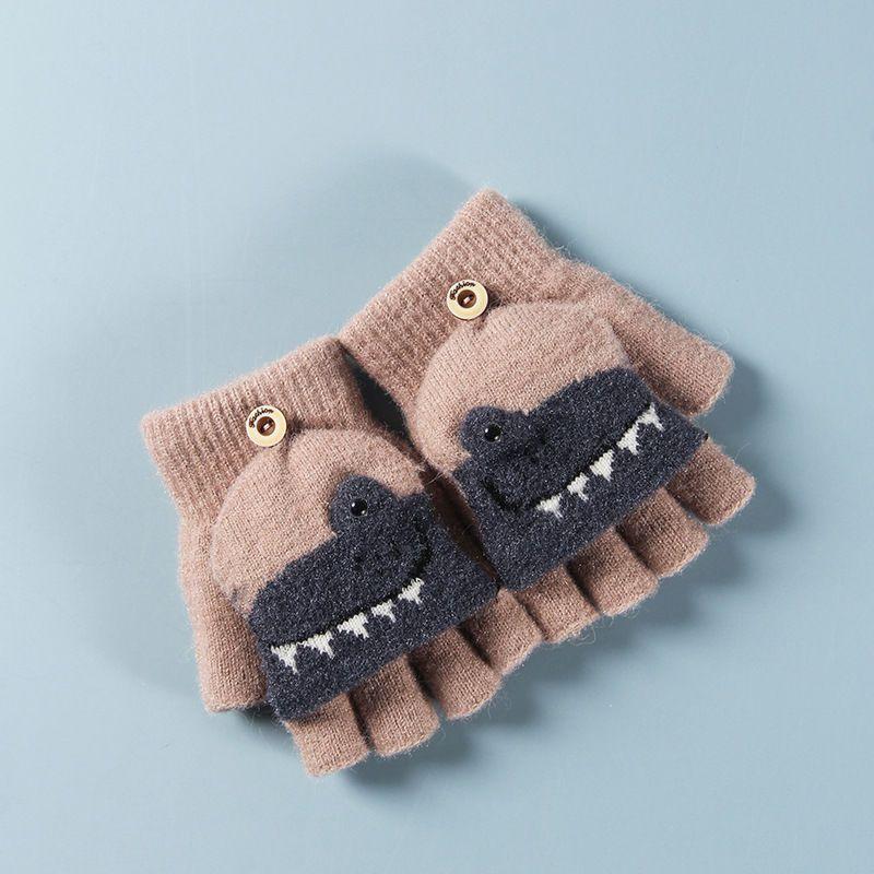 Half Finger Flip Cartoon Kids Gloves Jacquard Color Matching Autumn Winter Warm Gloves for Children Student Writing Baby Gloves