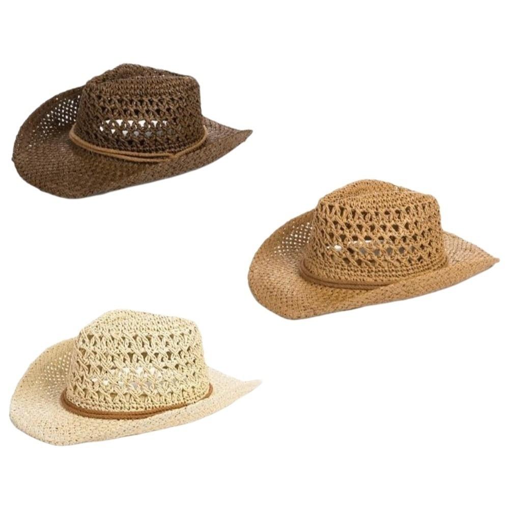 Wide Brim Sunscreen Straw Hat Solid Color Fisherman Hat Retro Western Cowboy Hat  Girl