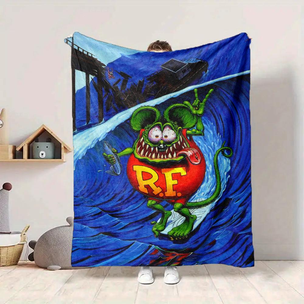 1Pc Rat Fink Wave Flannel Blanket, Soft And Comfortable, Casual Warm, Camping Travel, Christmas, Halloween Xmas Gift L1199