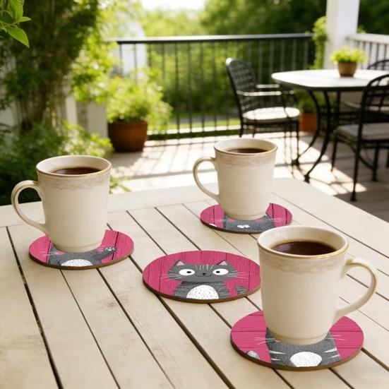 6Pcs Cute Wooden Cat Coaster, Cartoon Heat Insulation Mats for Table, Non Slip Drink Coasters for Coffee Cups