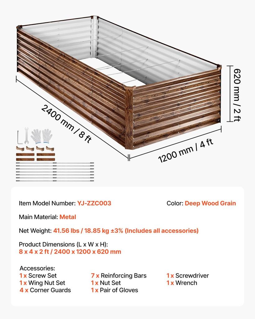 Galvanized Raised Garden Bed, 240 X 120 X 62 Cm, Rectangular Metal Planter Box Outdoor, Bottomless Elevated Planting Box with Gloves, Alu-Zinc, for