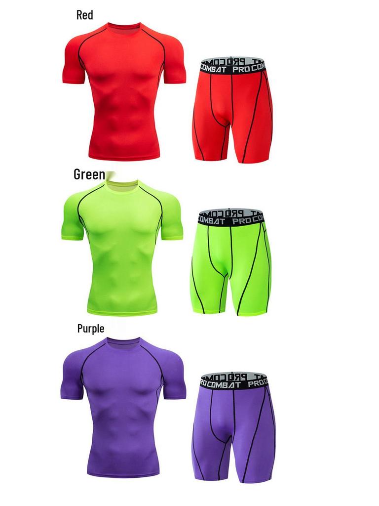 Men's Quick-Dry Athletic Two-Piece Set: Breathable, High-Elastic Short-Sleeve Top & Shorts