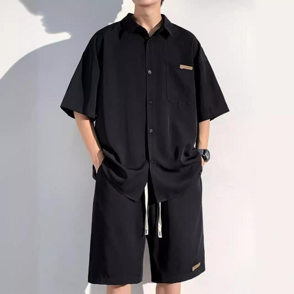 Fashion Casual Shirt Ice Silk Suit Men's Summer Sports Ruffian Handsome Loose Short-sleeved Shorts Cool and Handsome To Wear A Complete Set