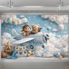 Light Blue Sky Teddy Bear Flying Theme Banner Background Children's Birthday Party Home Decoration Photography Backdrop Cloth