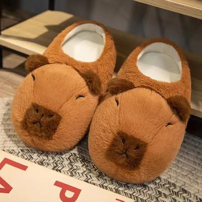 Niedliche Cartoon-Capybara-Baumwollpantoffeln mit halbem Wickelabsatz für Zuhause, weich, rutschfest, warm, atmungsaktiv, Plüschschuhe für den Innenbereich, Paarpantoffeln