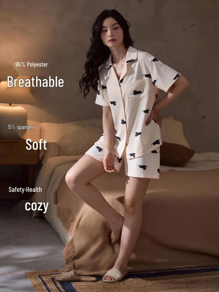 Women's Ice Silk Pajama Set, Short Sleeve Cat Design, Indoor/Outdoor Wear