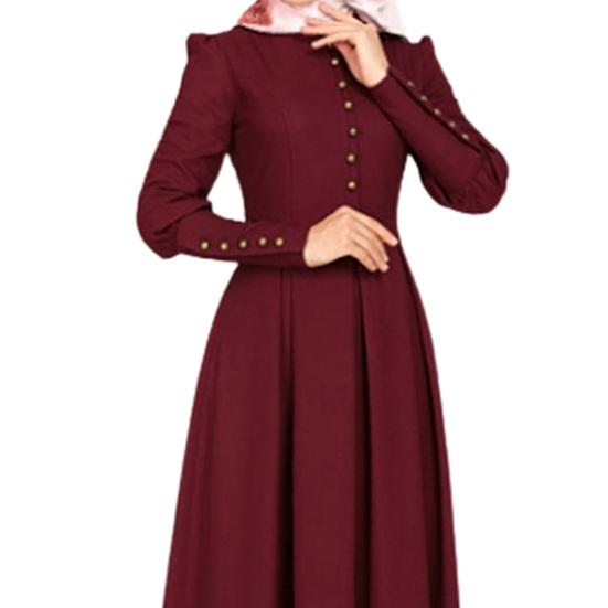 Knöpfe Dekor Plissiert Großer Saum Maxi Kleid Einfarbig O-Ausschnitt Knöpfe Manschette Hoch