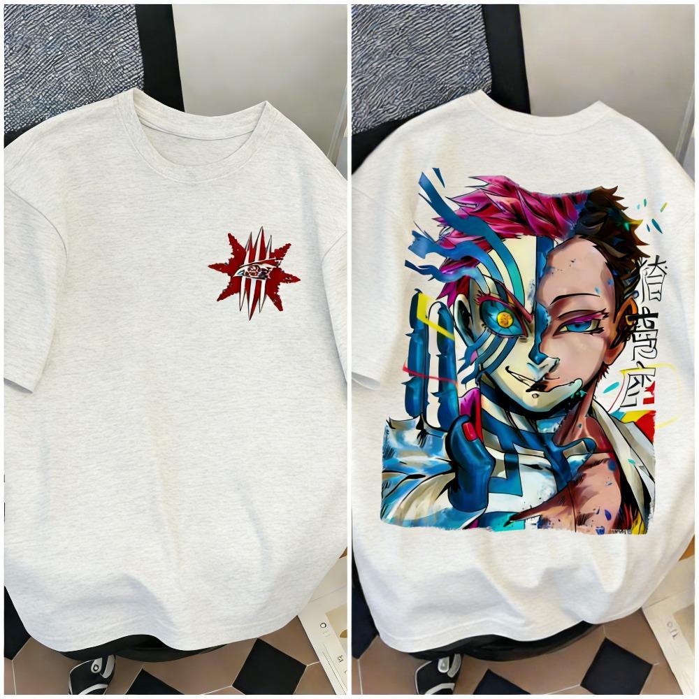 

Demon Slayer Akaza Print Unisexs and Womens cotton Tshirts 2026 summer Cartoon pattern Loose casual shortsleeved top S