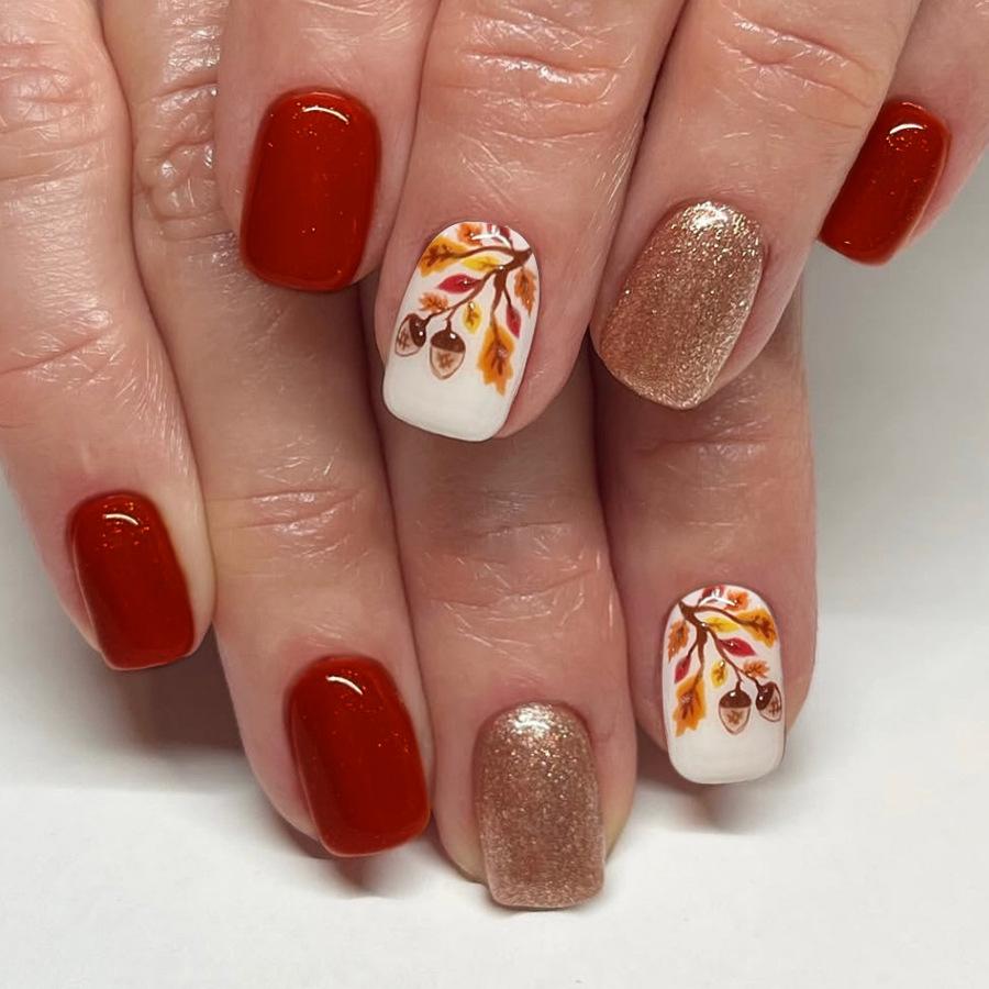 

Hot-selling manicure, simple, small, fresh autumn and winter leaves, pine cone glitter, short square wearing nail pads Free jelly glue + rubbing strips