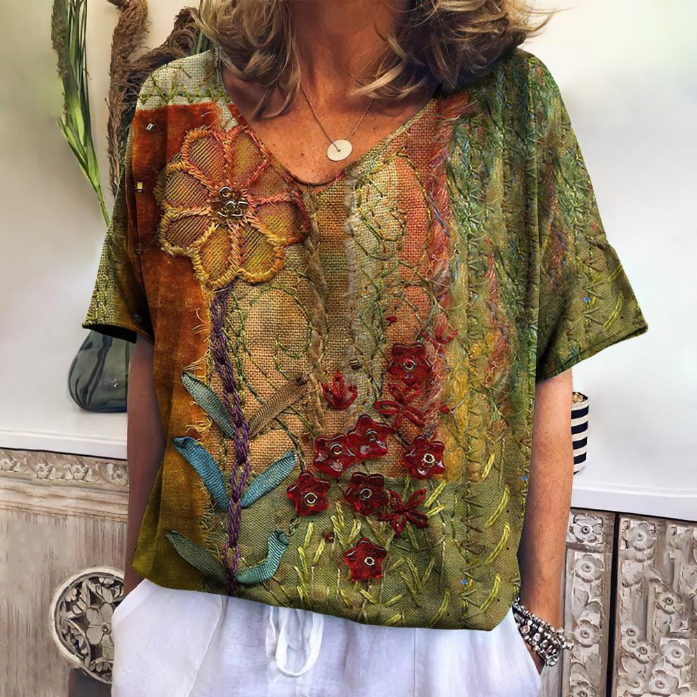 

Flower 3D Printing T-shirt Women s Fashion Retro Floral Street Wear Short-sleeved V-neck Blouse XXXL