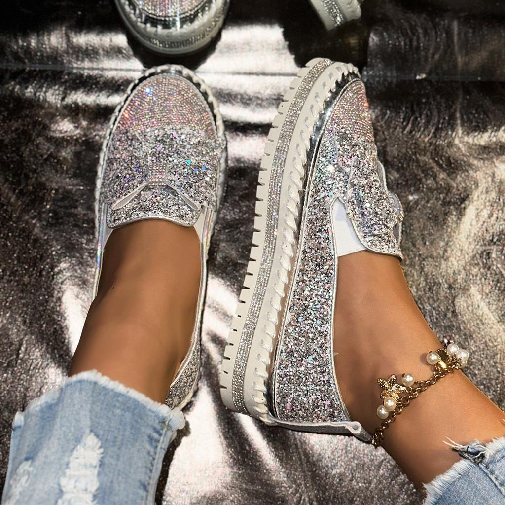 2026 Damen Sneaker Herbst Frühling Freizeit Übergröße Damenschuhe Modische Diamanten Dicke Sohle Flach Freizeitschuhe Damen