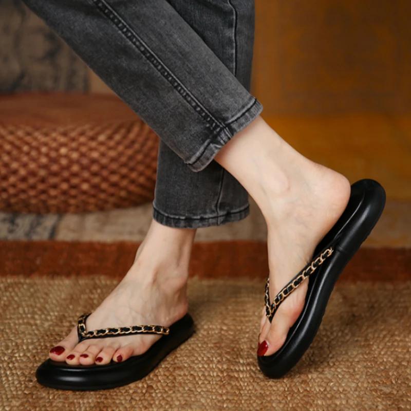 Ladies Shoes On Sale 2024 New Fashion Metal Chain Women's Slippers Summer Flat Casual Beach Flip Flops for Women Chaussure Femme