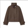 Women's Stand Collar Asymmetric Button Cropped Coat Solid Color Turn Cuff Patch Pockets Loose Fit Casual Outerwear