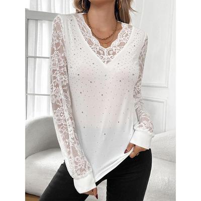 Čipkované topy s výstrihom do V pre ženy Trblietavé elegantné priliehavé elegantné blúzky s dlhým rukávom Business casual košele