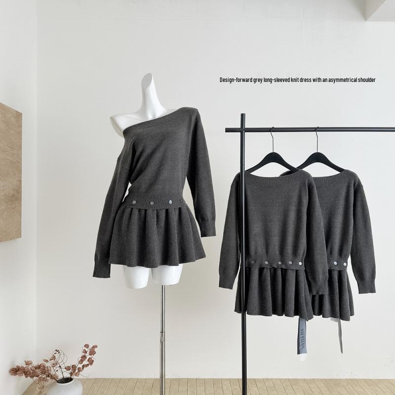 Korean Style Casual One-Shoulder Knit Dress - Long Sleeve, Loose, Slimming, Versatile Spring Design M серый