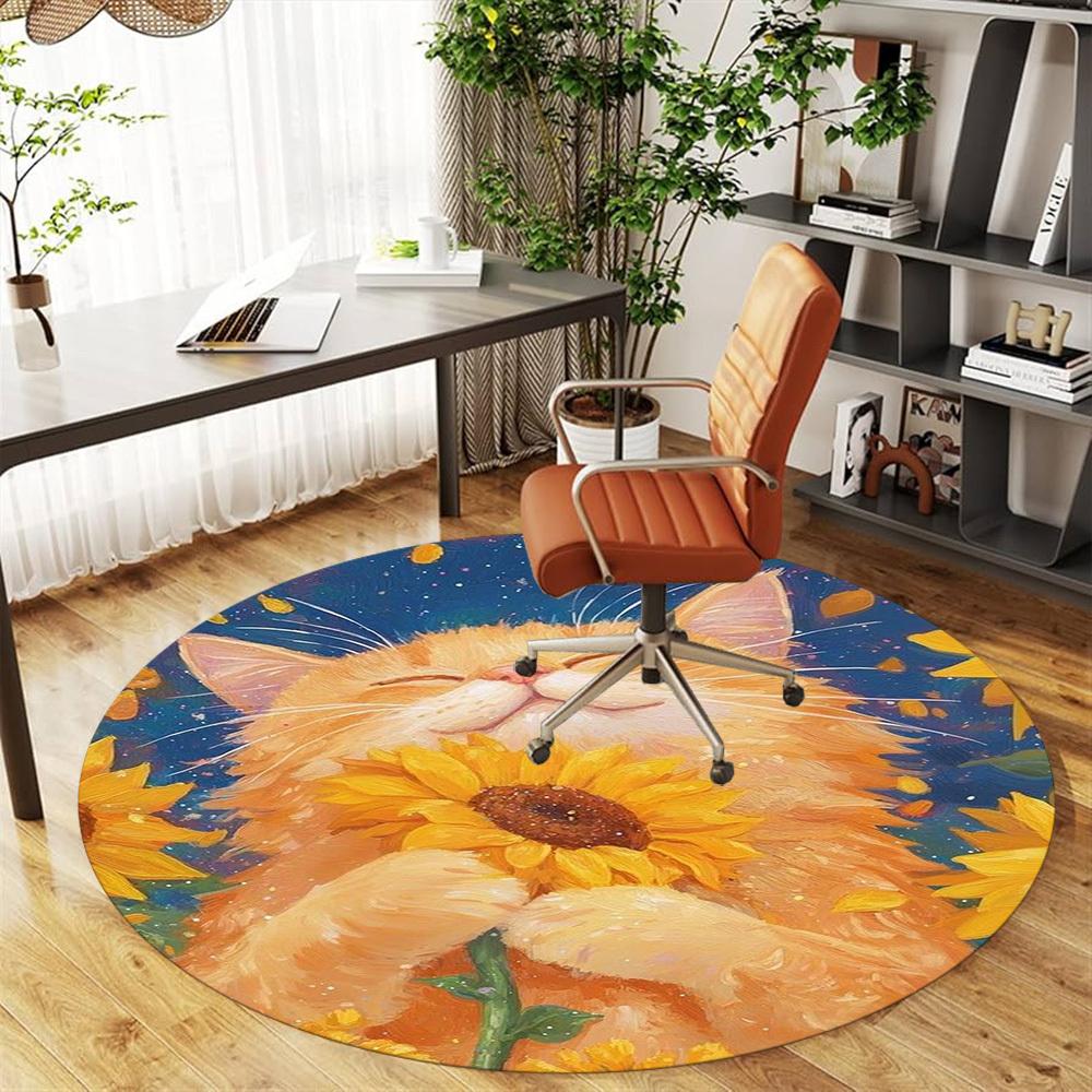 1PC Cat Sunflower Fantasy Round Chair Mat Area Rug - Non-Slip, Floor Mat for Office, Bedroom, Home Decor Christmas Gift C0528043