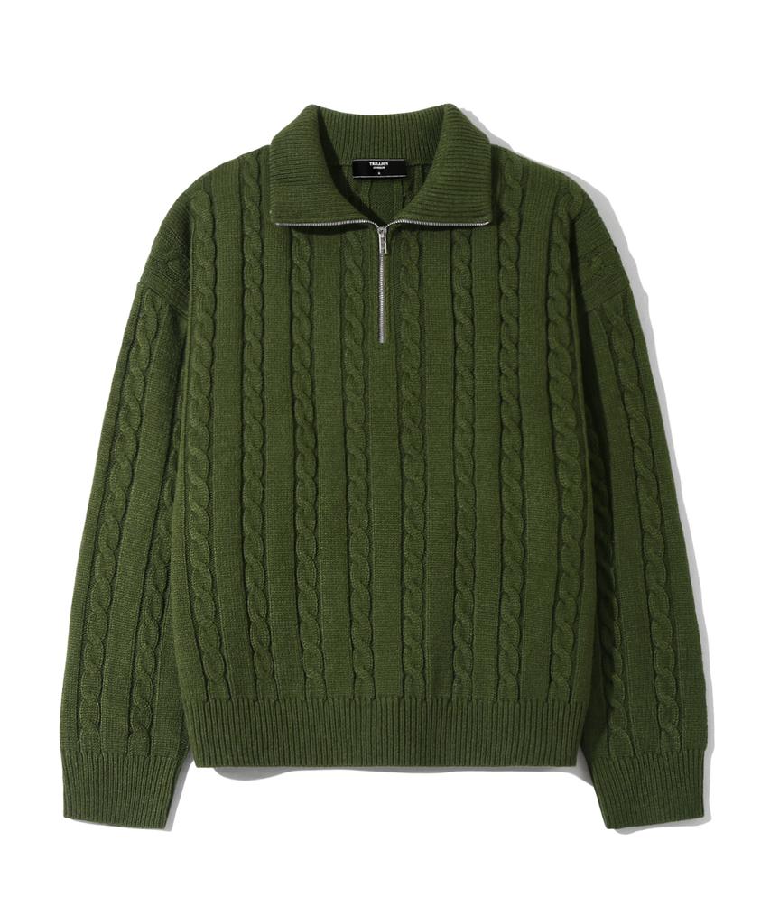 TRILLION Washable Half-Zip Collared Cable Knit (Khaki)