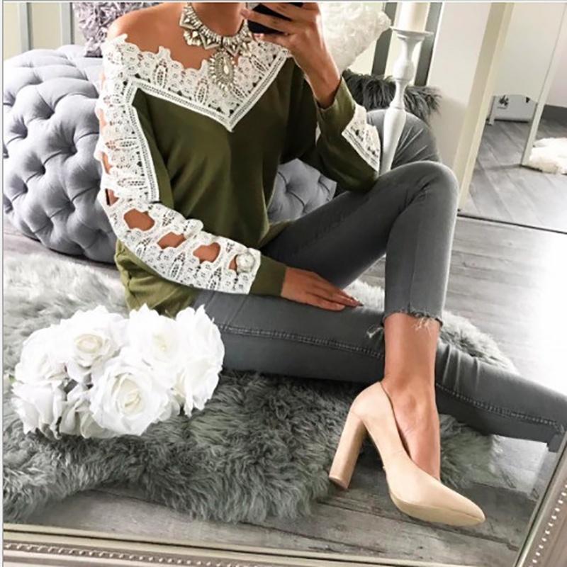Elegant Sexy Lace Stitching Off Shoulder Crochet Blouse With Hollow Long Sleeves