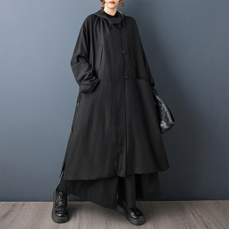 Long Sleeve Oversized Hooded Vintage Black Casual Loose Autumn Spring Winter Trench Coat for Women Outerwear