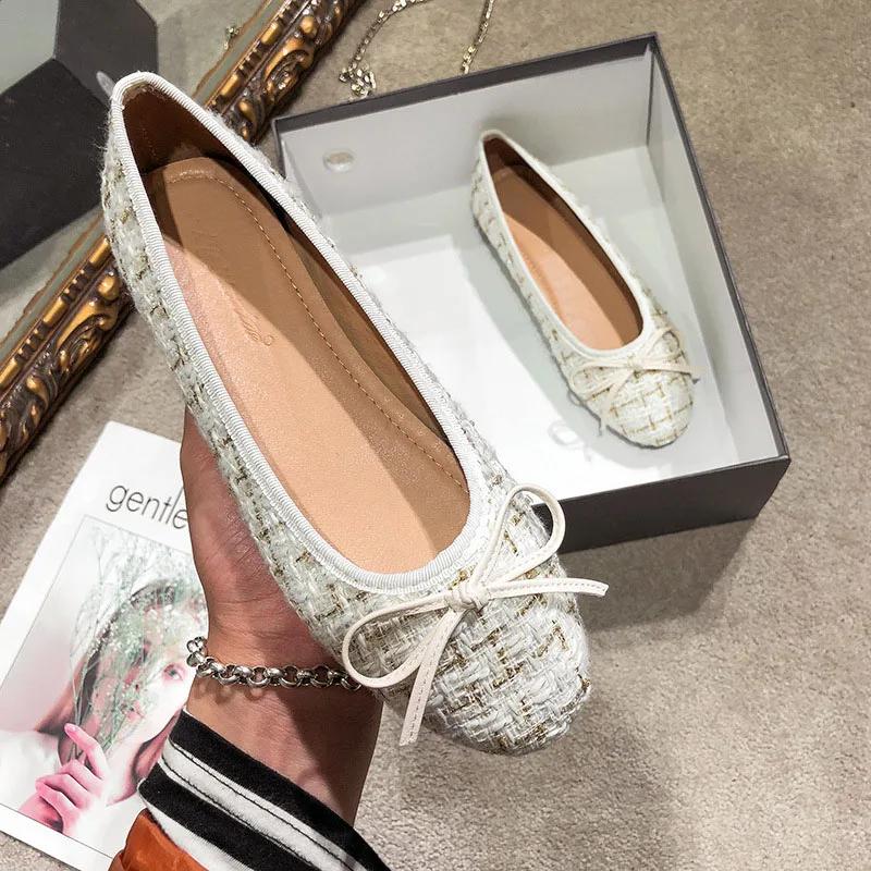 Women Sweet Bowknot Ballet Flats Shoes Lady Luxury Tweed Pumps Comfortable Round Toe Slip-on Scoop Shoes Soft Sole Casual Shoes