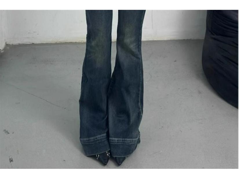 Women's American Spicy Girl Low-Rise Distressed Flare Jeans - Designer Feel, Floor-Length Elastic Fit