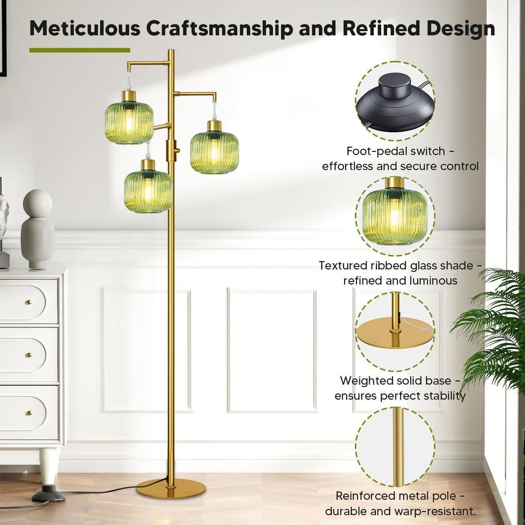 Floor Lamp for Living Room, Dimmable Gold Standing Lamp with Green Glass, 3×600LM LED Included