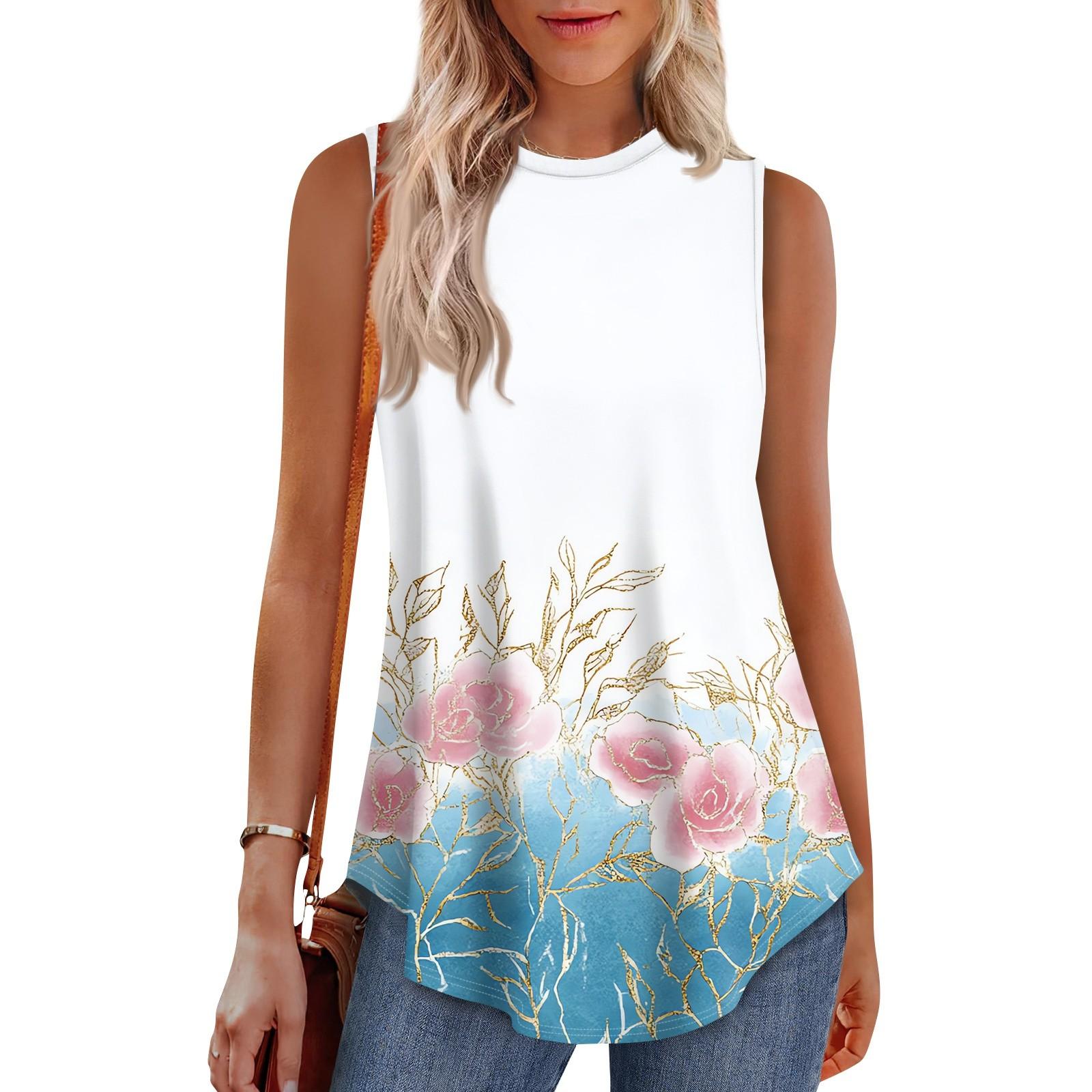 Sleeveless Round Neck Tank Top Women Floral Print Casual Vintage Sleeveless Blouse Lightweight Summer Shirt XL