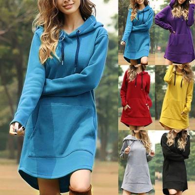Casual Women Autumn Winter Long Sleeve Pocket Drawstring Loose Hoodie Mini Dress