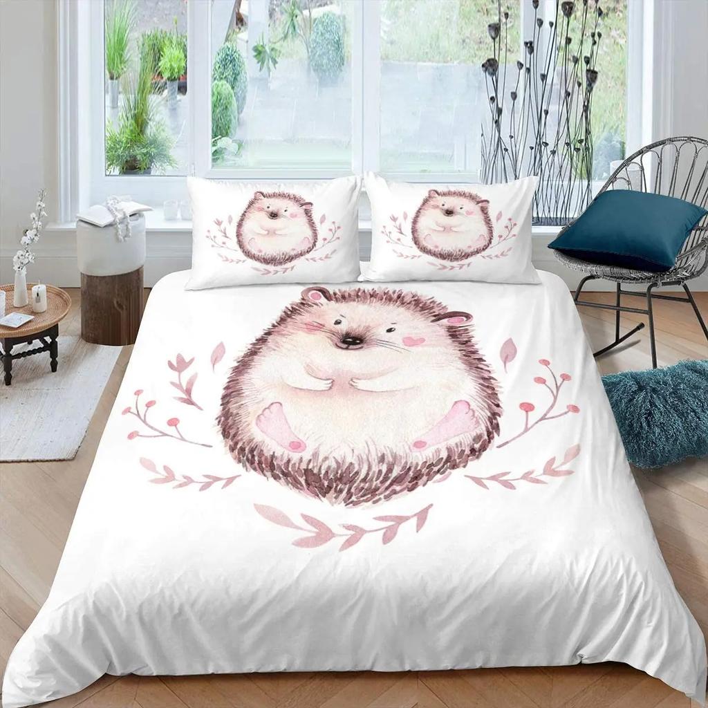Comforter Cartoon Hedgehog Bedding Set Cute Hedgehog Flower Pattern Polyester Comforter Wildlife With Zipper