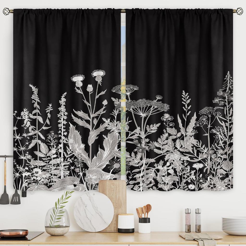 2 Vorhänge Küchengardinen Cafégardinen Grüne Blätter Pflanze Botanisch Stangendurchzug Wohnzimmer Schlafzimmer Fenster Drapierung Behandlung