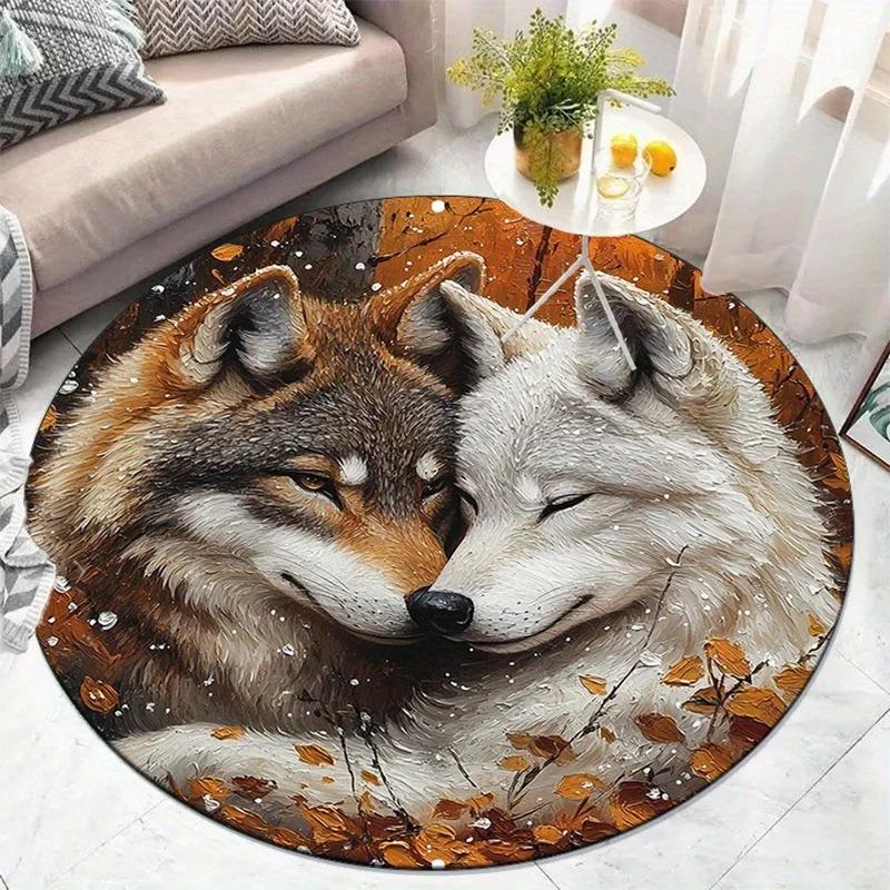 Round Carpet Autumn Winter Wolf Couple Round Rug Floor Mat Door Mat Entrance Mat for Home Decoration