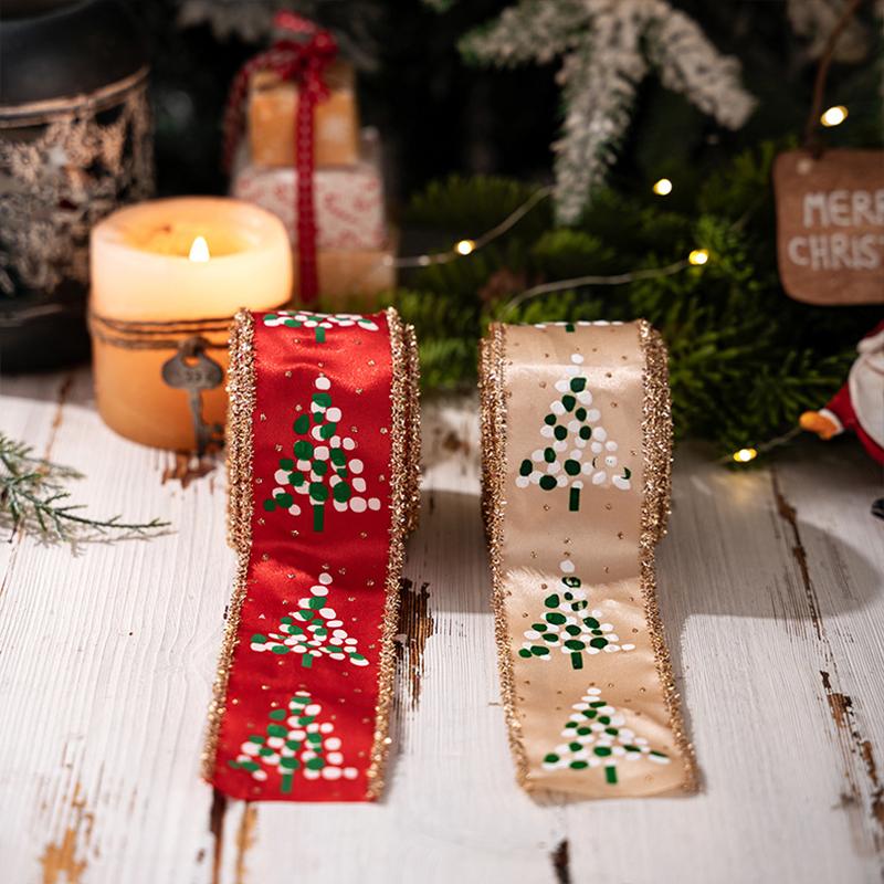 1PC Small Tree Pattern Festive Ribbon Embroidered Christmas Satin Ribbon 5mx5cm