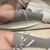French-Style Ballet Ribbon Bowknot Socks for Women | Summer Thin Solid Color Vertical Stripe Calf Slouch Socks in Gray