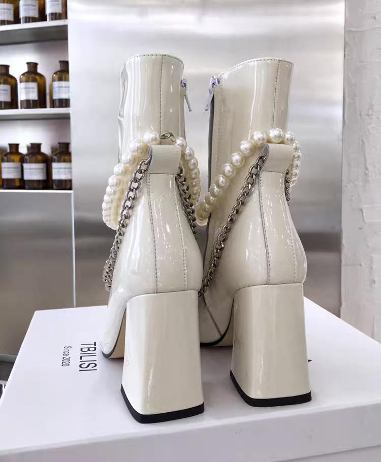 Aphixta 7.5cm High Heel Ankle Boots Square Toe Luxury Pearl Metal Chain Dec Patent Leather Women Shoes Elegant Ankle Boots