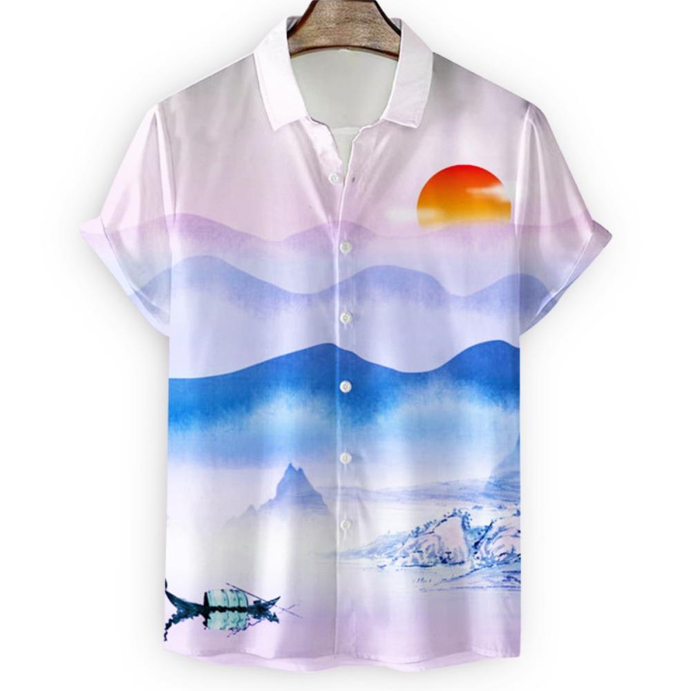 Japanese Flower Bird Print Fashion Men's Shirt Hawaiian Blouse Casual Loose Breathable Short Sleeve Outdoor Street Men's Clothes