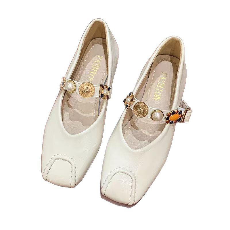 Single shoes women's summer new niche soft leather one-pedal square heel Mary Jane women's shoes