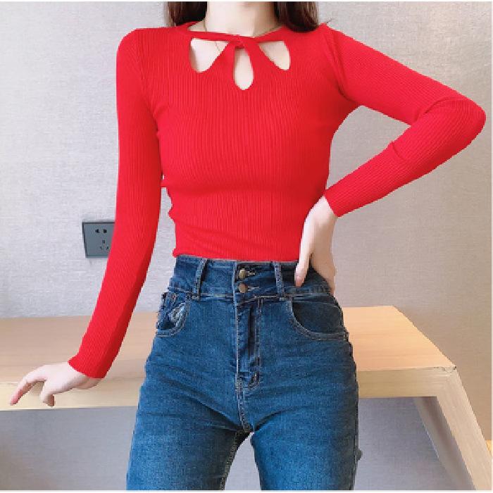 Women's O Neck Stretch Sexy Pullover Lady Autumn Winter Hollow Solid Color Sweater Slim Bottoming Shirt Jumper