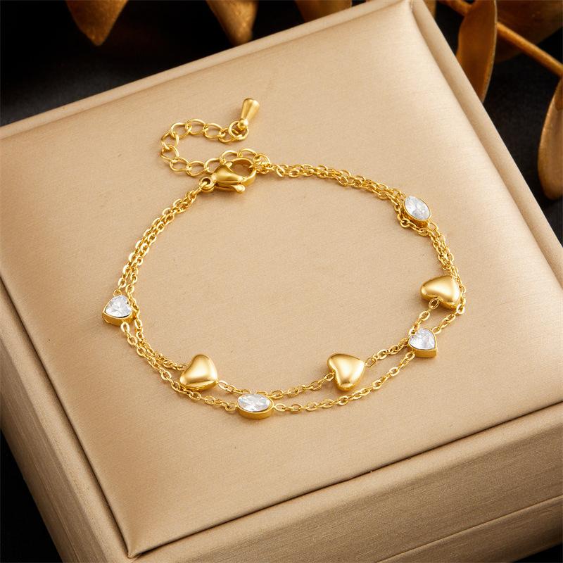 Gold Plated Flower and Heart Cubic Zirconia Double Layer Chain Bracelet for Women Stainless Steel