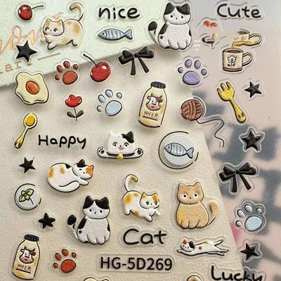 Calcomanías Adhesivas para Uñas con Diseño 5D en Relieve de Gato y Perro de Dibujos Animados Lindos, Suministros Autoadhesivos para Mujeres y Niñas