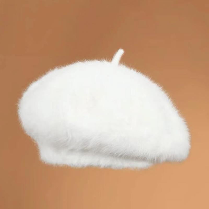 Faux Rabbit Fur Berets for Women Autumn Winter Warm Plush Painter Cap Korean Solid Color Lady Artist Hats